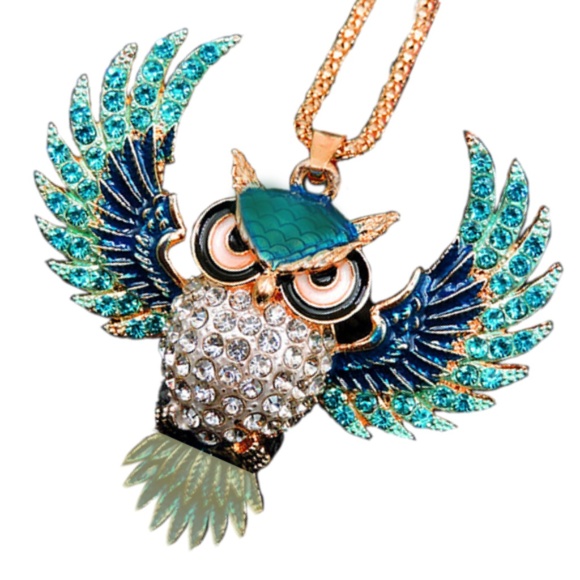 Owl Wide Wing-Spread Blue Crystal Rhinestone Pendant/Necklace-Betsey Johnson NWT - Picture 3 of 7